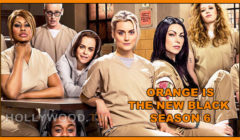 Promotional image for "orange is the new black season 6" featuring cast members in character, posing in a prison setting.