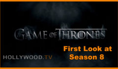 Promotional image for "game of thrones" season 8, featuring the show's logo in silver with smoke background and text "first look at season 8" by hollywood.tv.