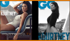 Kourtney kardashian on dual covers of gq mexico, featuring one color image showing her in a white bodysuit on a chair and one black-and-white image of her in a black bodysuit standing sideways.