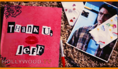 A colorful scrapbook with the words "thank u, jeff" beside a photograph of a man wearing glasses, on a carpeted floor with artistic cards scattered around.