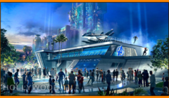 Concept art of a futuristic theme park at night, featuring the avengers logo and a high-tech building with bustling crowds and interactive displays.