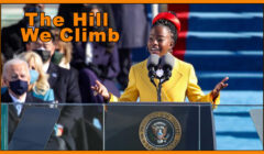 A young woman delivers a speech at a podium marked "president of the united states" during an outdoor event, with an audience in the background.