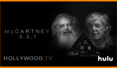 Promotional image for the series "mccartney 3,2,1" on hulu featuring side portraits of paul mccartney and rick rubin in front of a studio backdrop, with logos for hollywood.tv and hulu.