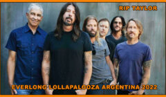 Band members of foo fighters posing together against a gray wall with text overlays about a concert and a tribute to rip taylor.