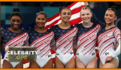 US Women's Gymnastics Team in patriotic leotards.